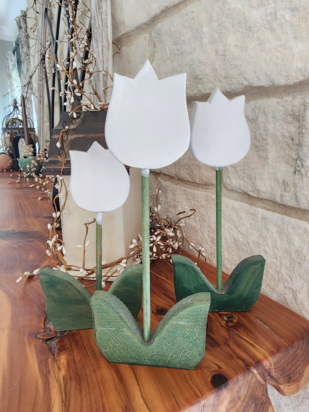 Wooden Tulip Trio Decor - White Tulips, Green Stems